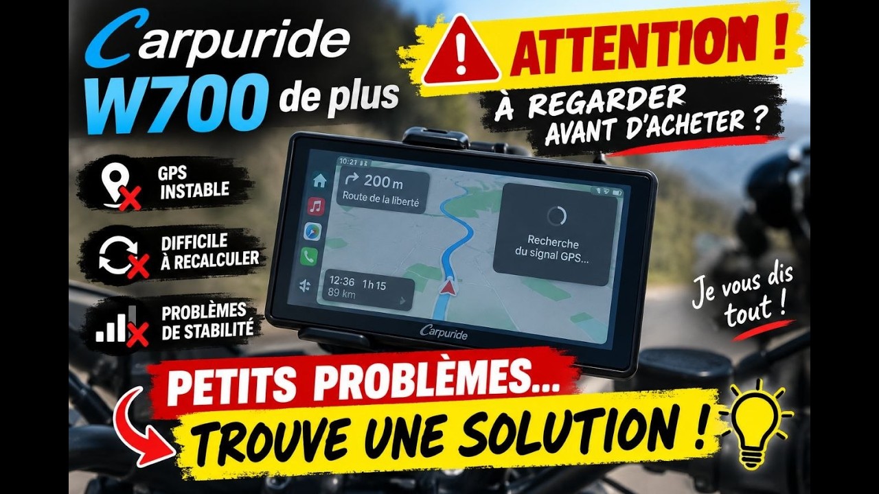 Carpuride W702 Plus en fonctionnement sur une moto — écran GPS affichant la recherche de signal