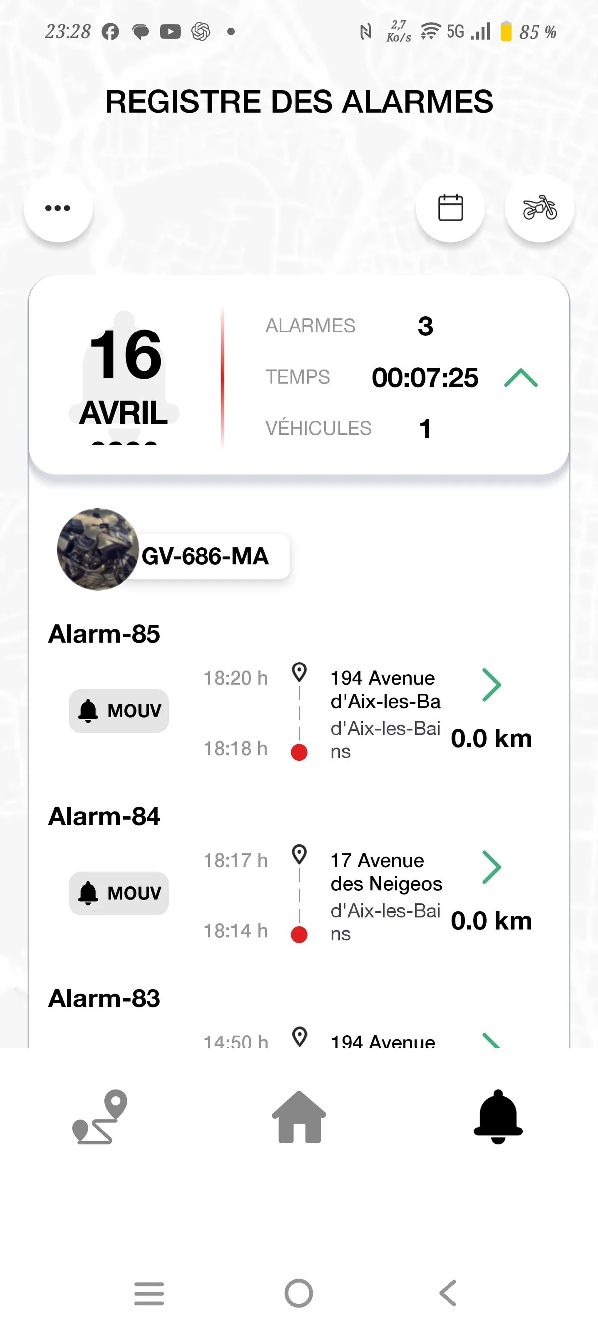 Registre des alarmes Komobi montrant les manipulations sur la moto