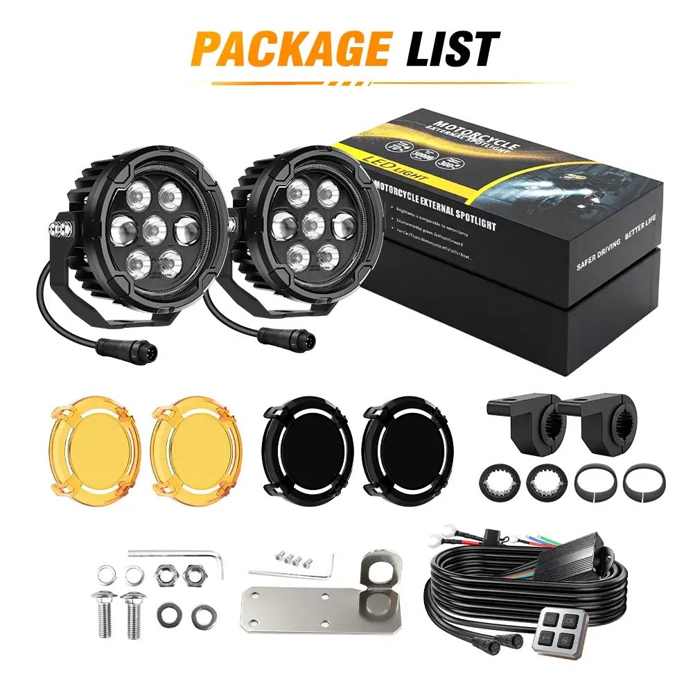 Contenu du colis COLIGHT Apex 4,5 pouces : les deux feux, lentilles ambrées, supports de fixation, visserie et faisceau de câblage