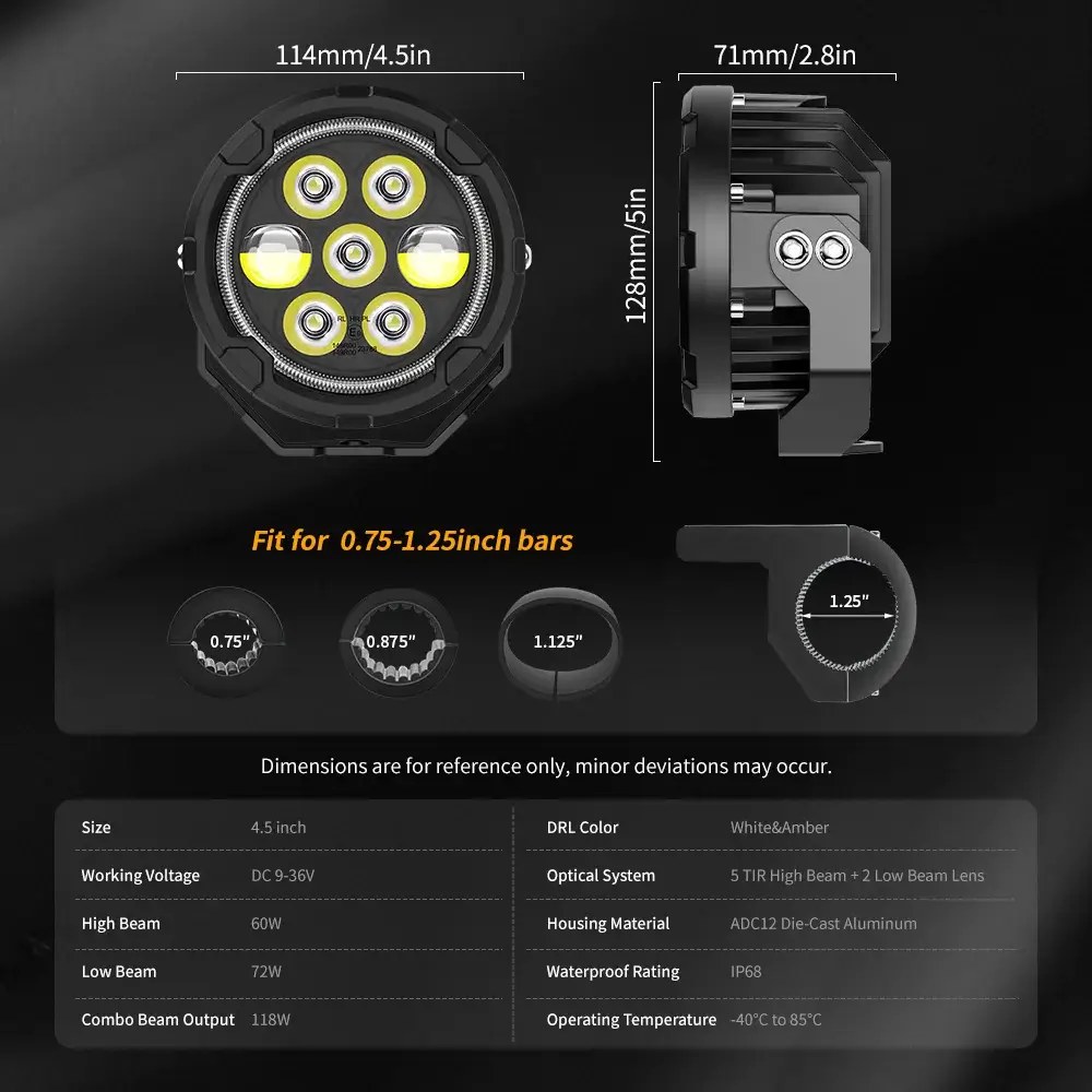 Fiche technique COLIGHT Apex 4,5 pouces : 114 mm de diamètre, 71 mm d'épaisseur, 128 mm de hauteur, tension 9 à 36 V, boîtier aluminium ADC12, étanchéité IP68