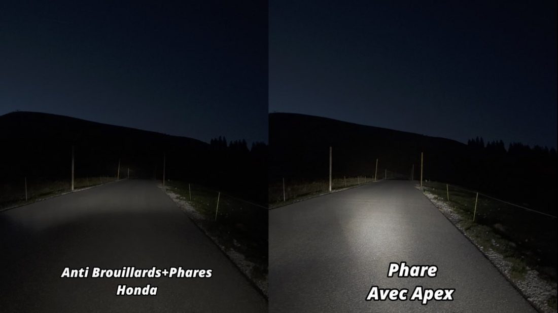 Comparaison nocturne sur la même route : à gauche, phares et antibrouillards d'origine Honda ; à droite, phare de route avec les feux additionnels COLIGHT Apex, dont le faisceau porte nettement plus loin et plus large.