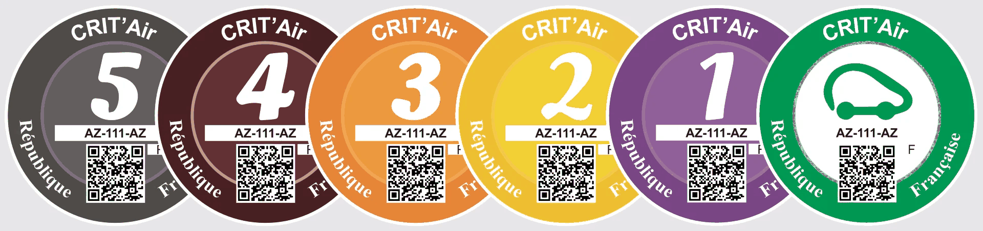 Les vignettes Crit'Air : verte, 1, 2, 3, 4 et 5